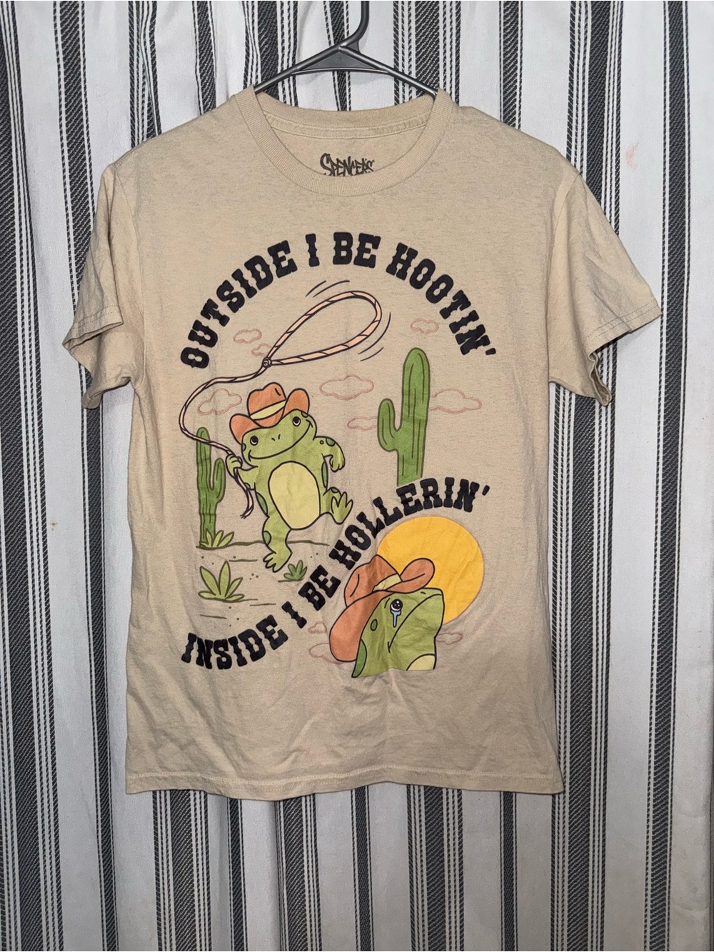 Spencer's Beige Tee with Green & Orange Frog Cowboy Graphic